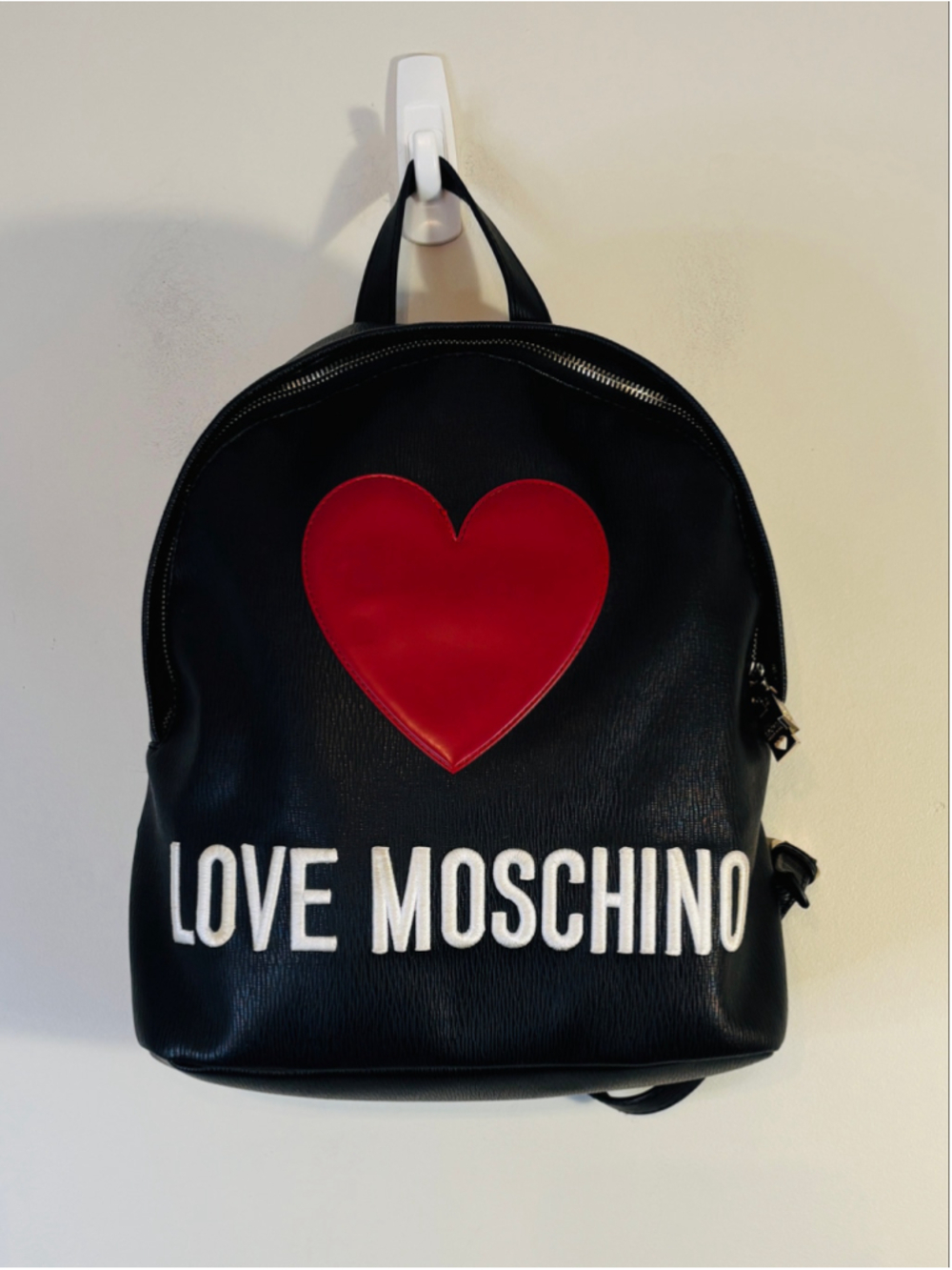 LOVE MOSCHINO Black Faux Leather Backpack Red Heart Logo Women's Rucksack Bag